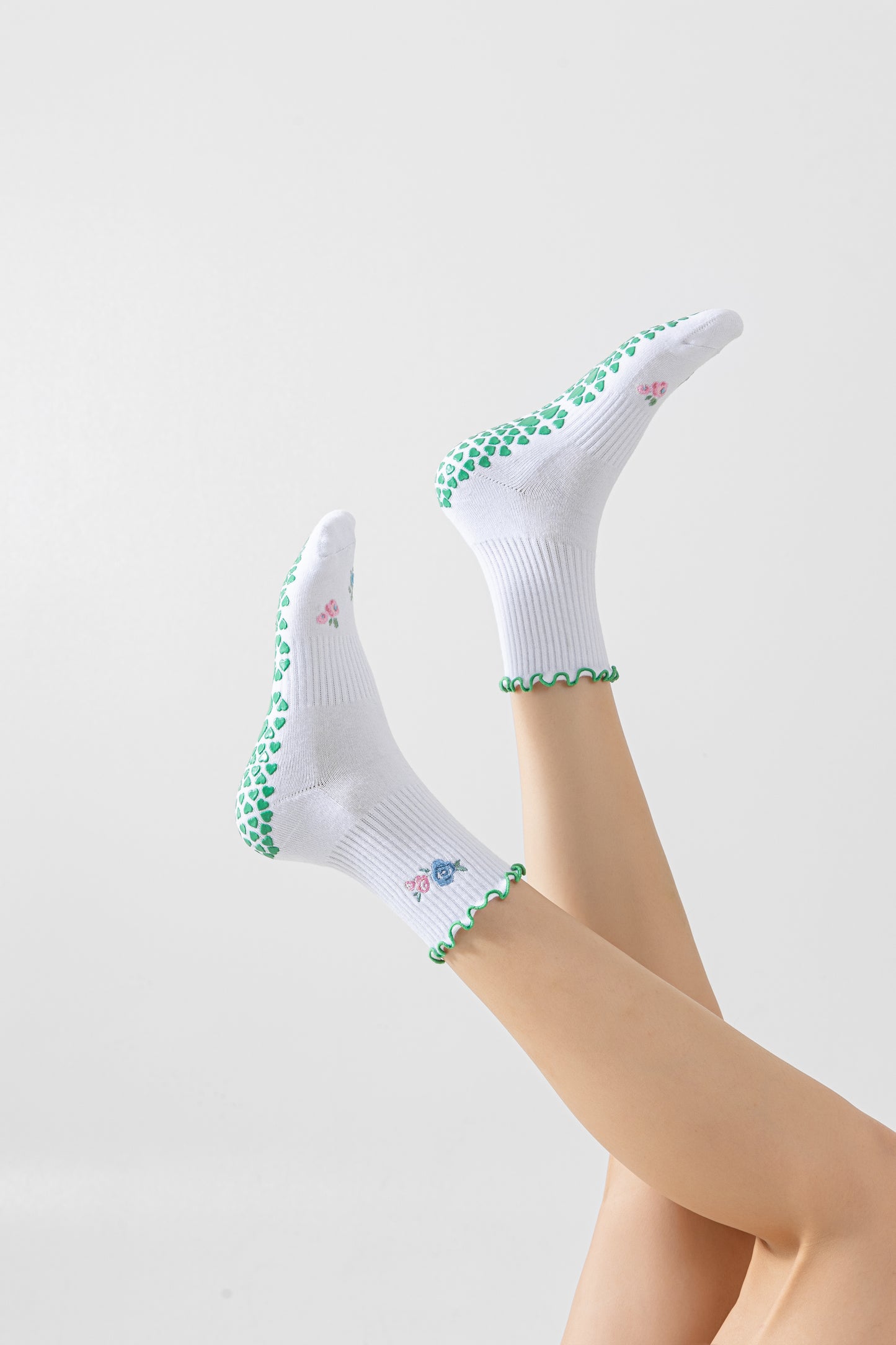 Spring Blooms Floral Embroidered Lettuce Edge Grip Socks