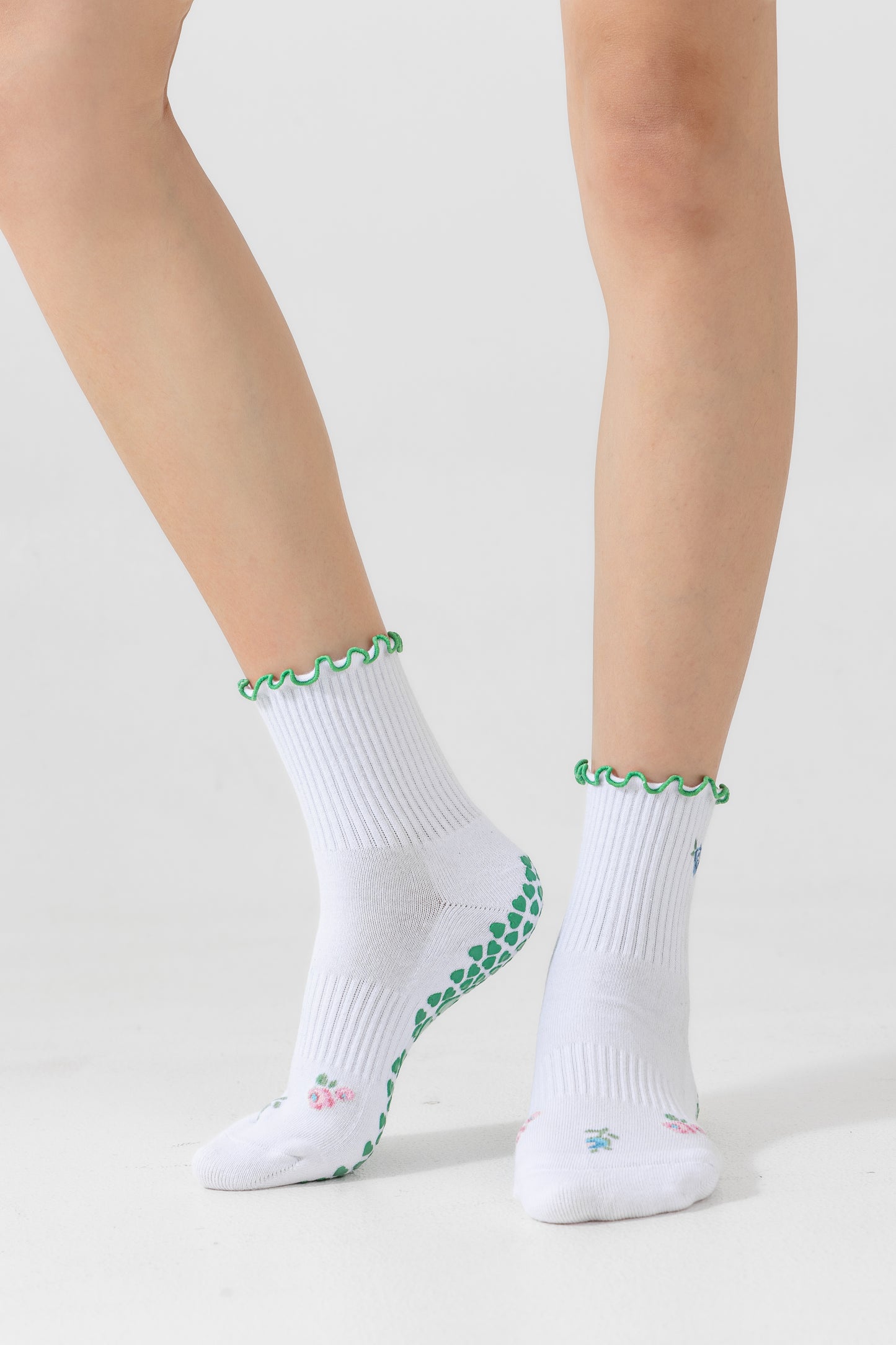 Spring Blooms Floral Embroidered Lettuce Edge Grip Socks