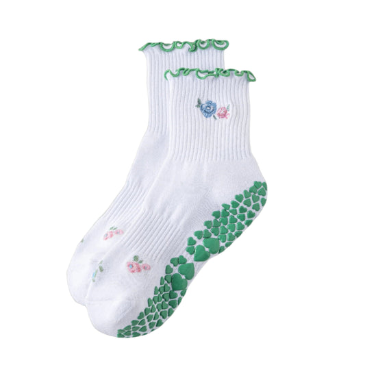 Spring Blooms Floral Embroidered Lettuce Edge Grip Socks