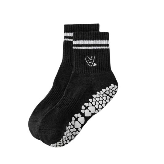 Cute Heart embroidered grip socks - Black